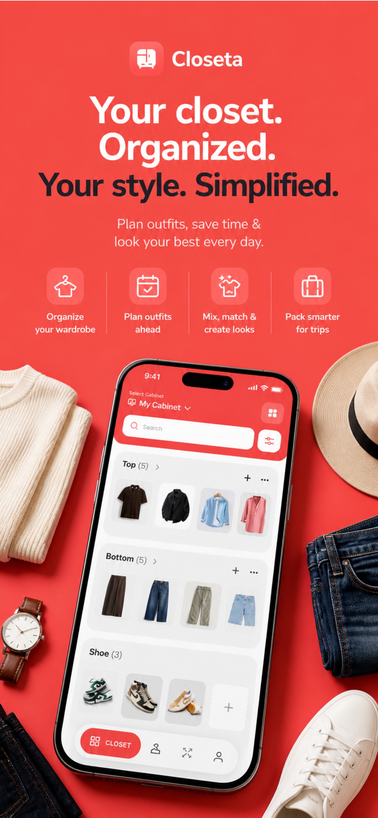 Closeta app screen showing an organized wardrobe grid with tops, bottoms and shoes