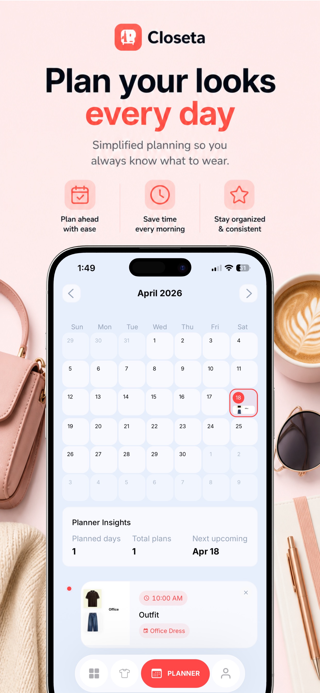 Closeta outfit planner calendar with a scheduled office outfit