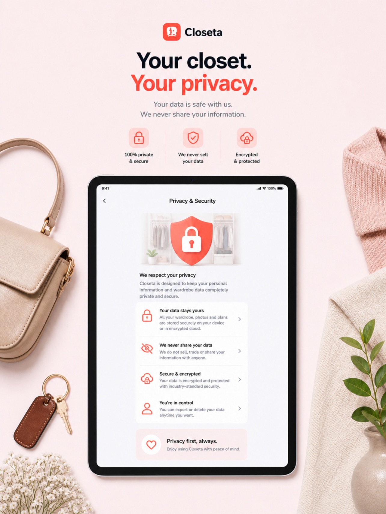 Closeta privacy and security screen confirming data stays on device