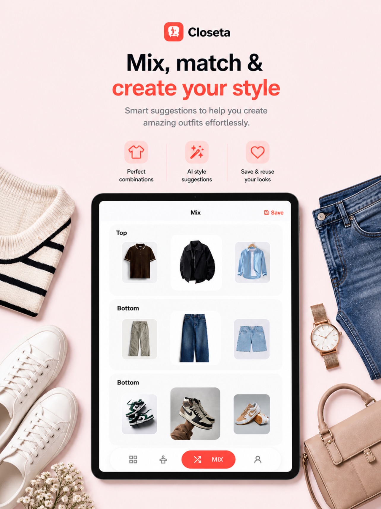 Closeta outfit builder screen mixing tops, bottoms and shoes