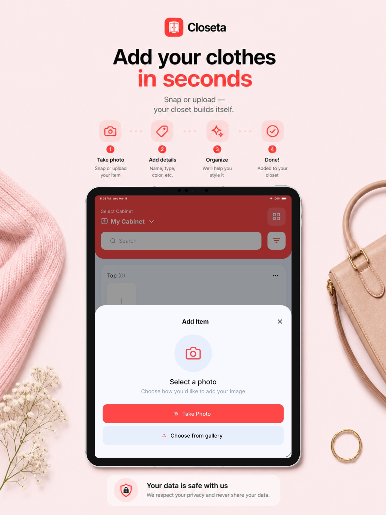 Closeta add item screen with take photo or choose from gallery options